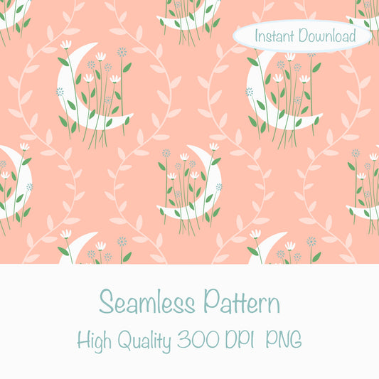 Moon & Botanical Seamless Pattern Orange | Celestial Floral Digital Download | 12x12 PNG