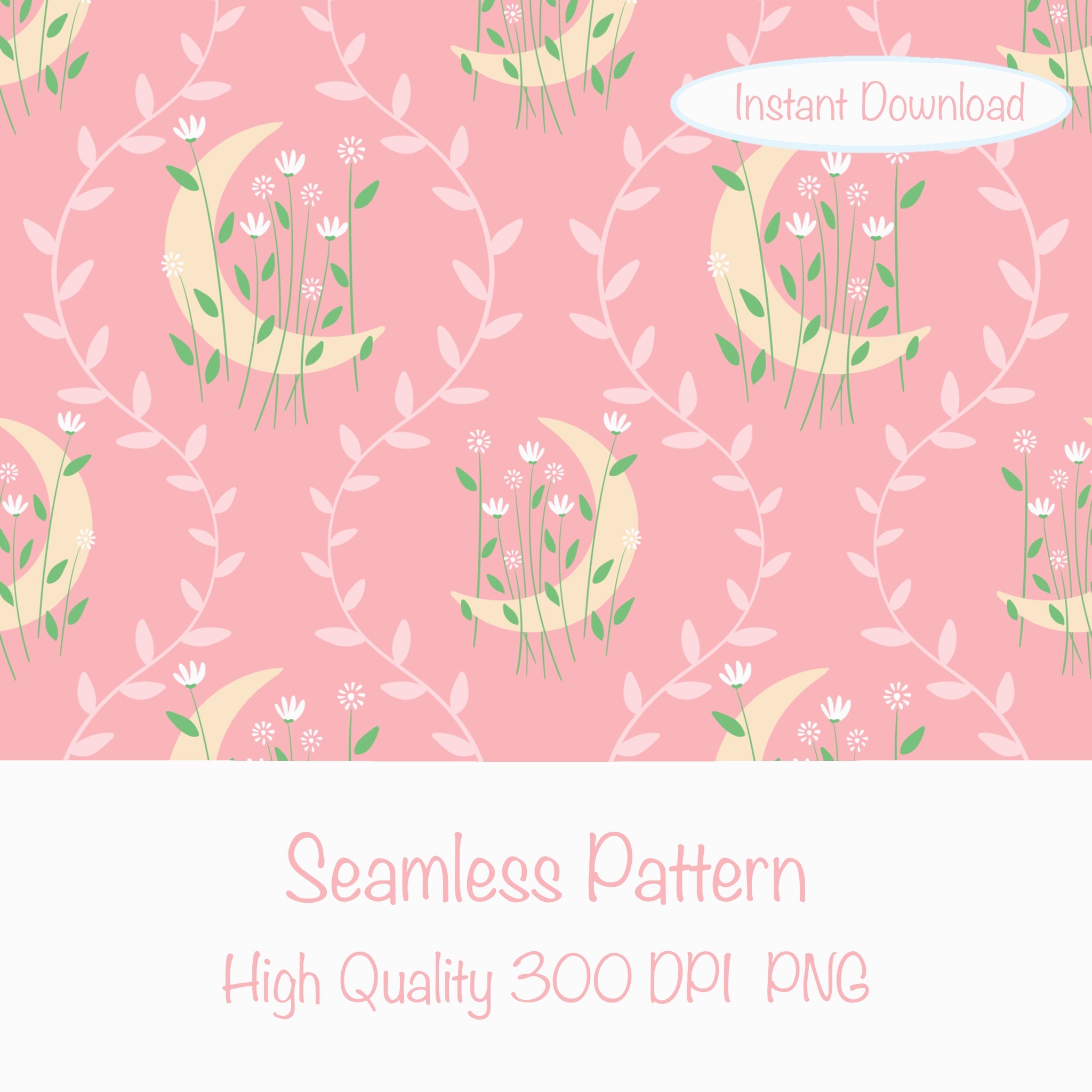 Moon & Botanical Seamless Pattern Pink | Celestial Floral Digital Down ...