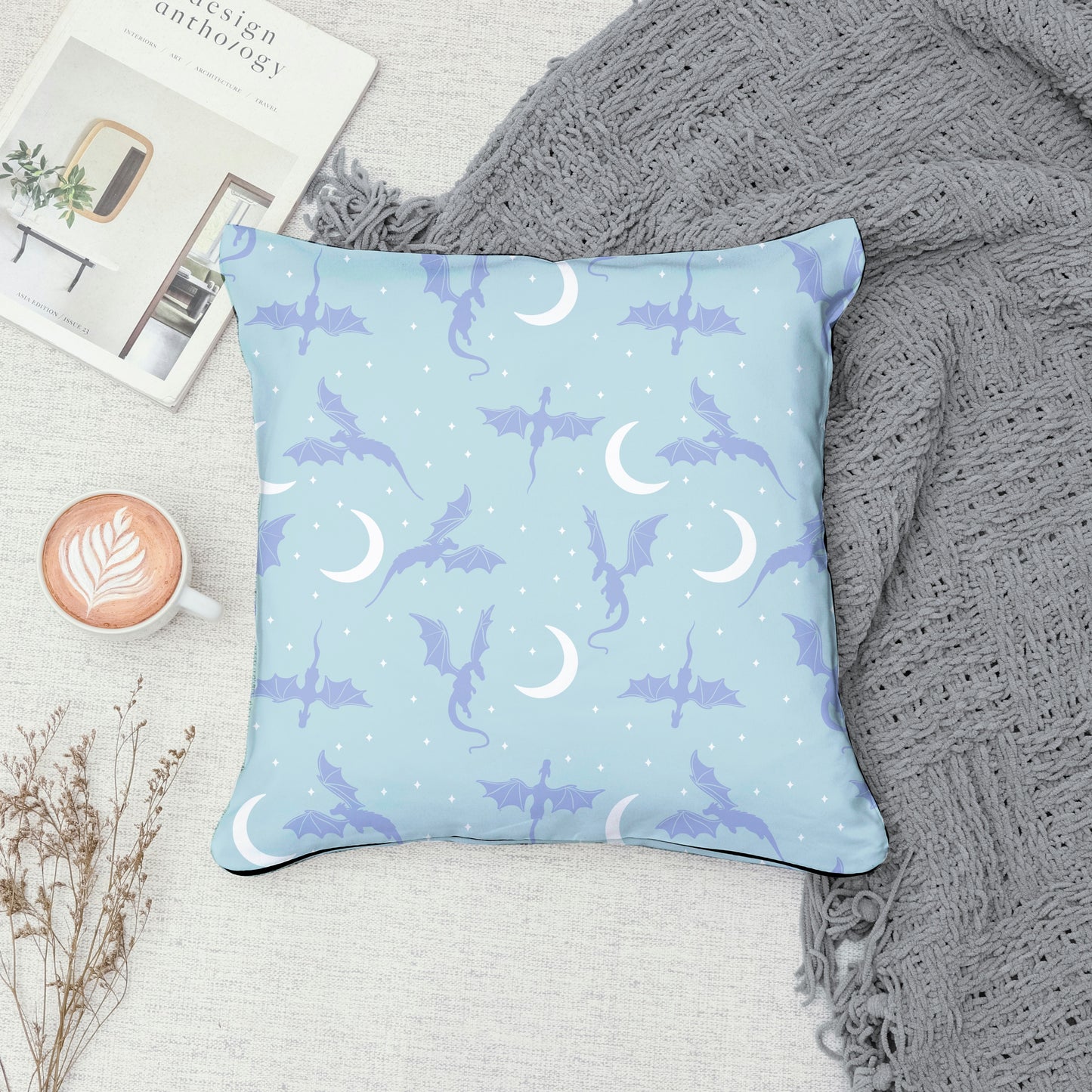 Fantasy Dragon Seamless Pattern Light Blue | Moons & Stars Digital Design | 12x12 PNG Download
