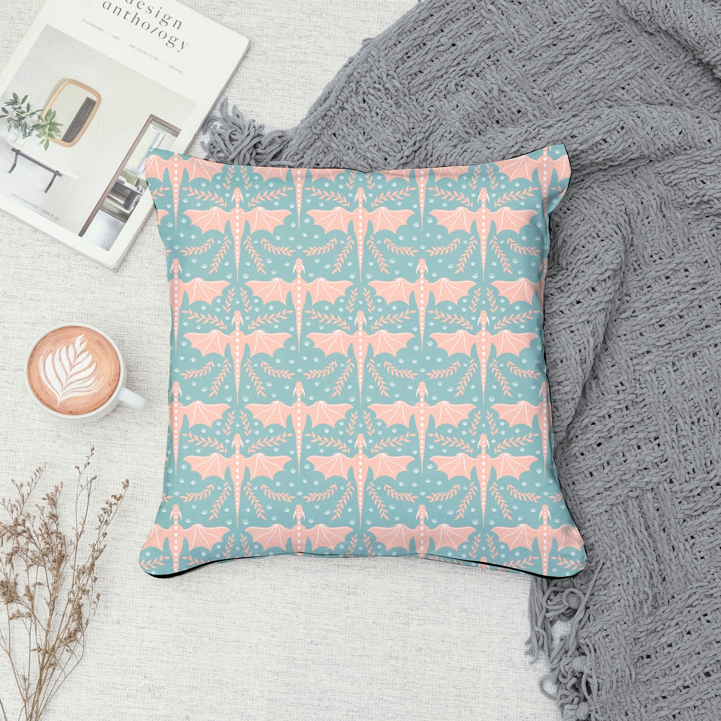Dreamy Fantasy Dragon & Botanical Seamless Pattern Green | Digital 12x12 PNG