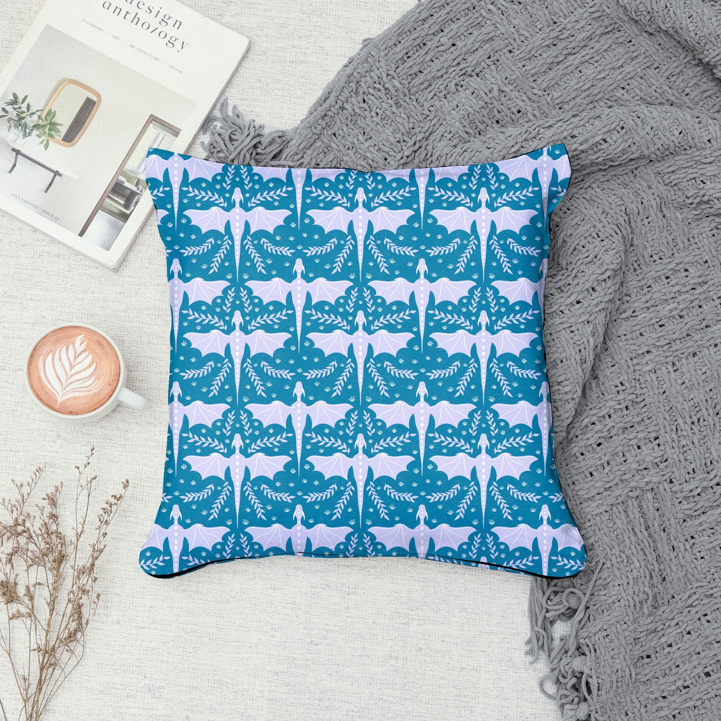 Dreamy Fantasy Dragon & Botanical Seamless Pattern Blue | Digital 12x12 PNG