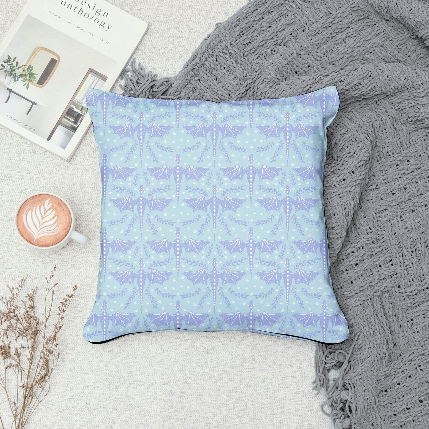 Dreamy Fantasy Dragon & Botanical Seamless Pattern Light Blue | Digital 12x12 PNG