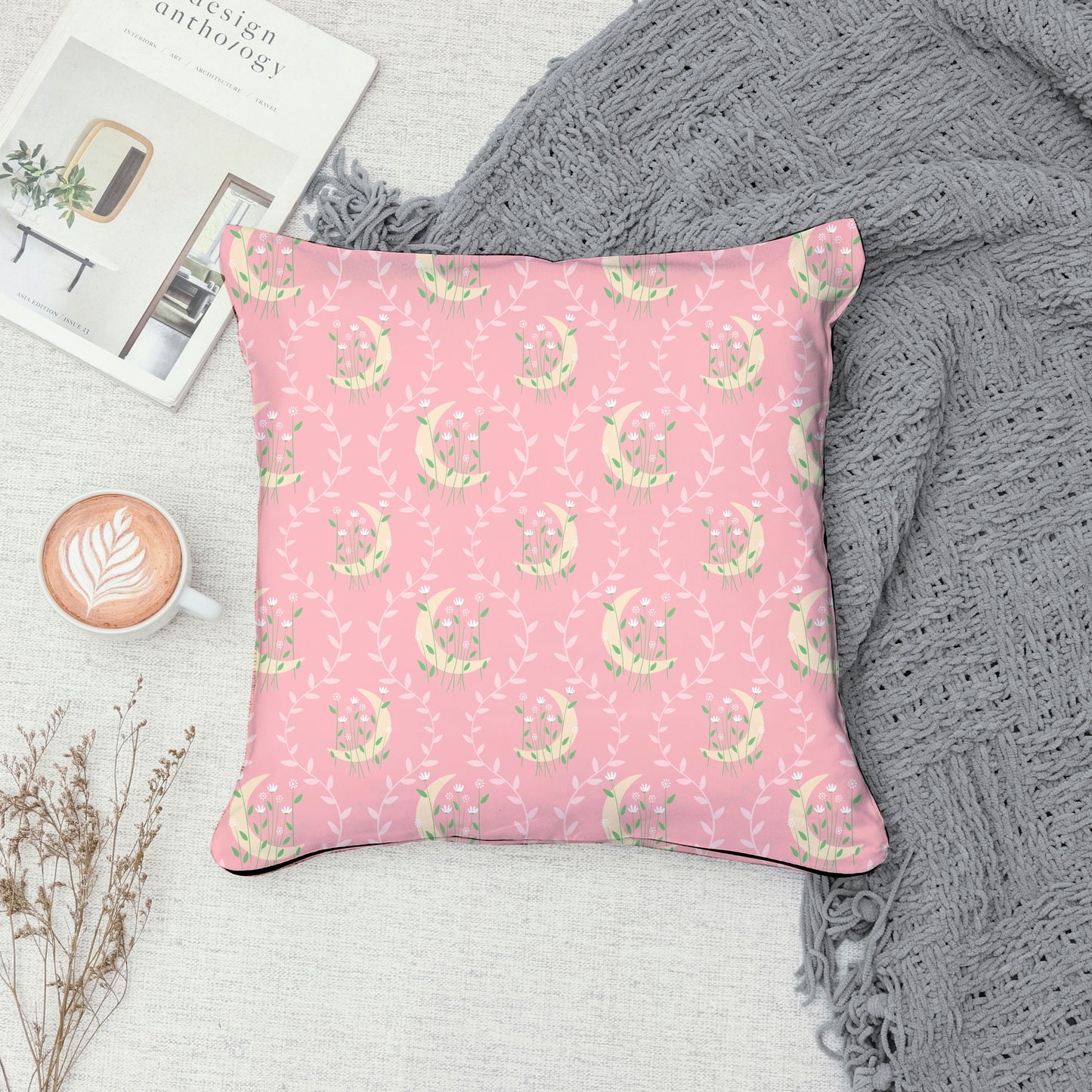 Moon & Botanical Seamless Pattern Pink | Celestial Floral Digital Download | 12x12 PNG