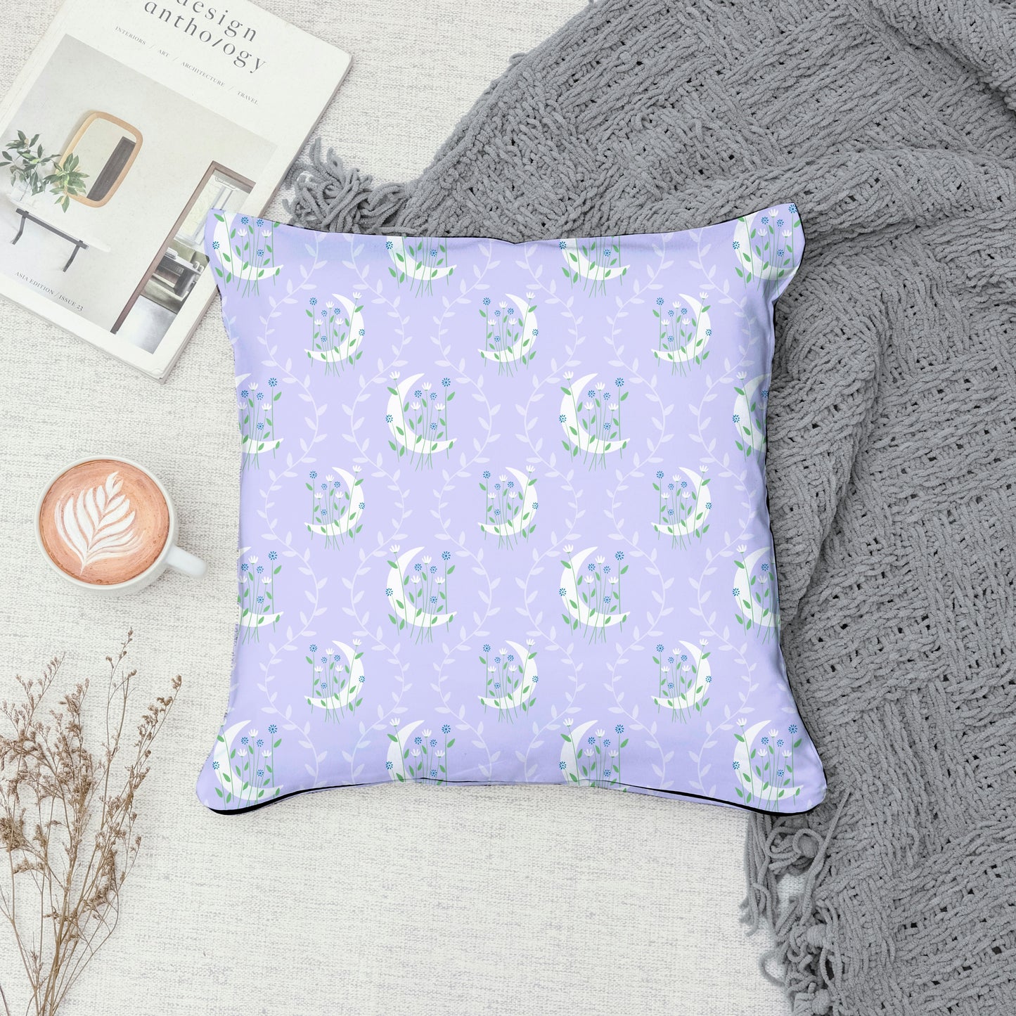 Moon & Botanical Seamless Pattern Light Purple | Celestial Floral Digital Download | 12x12 PNG