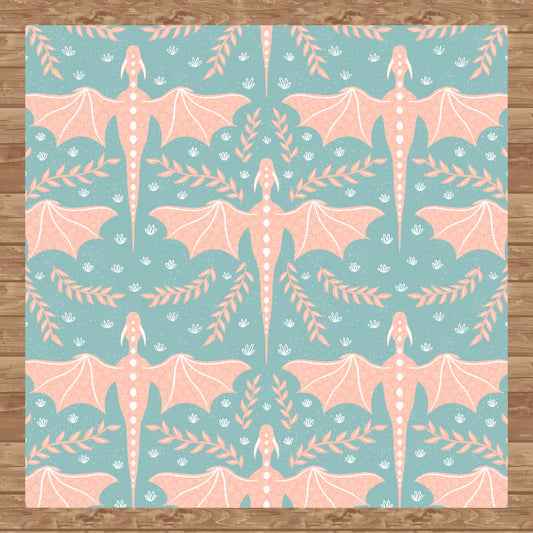 Dreamy Fantasy Dragon & Botanical Seamless Pattern Green | Digital 12x12 PNG