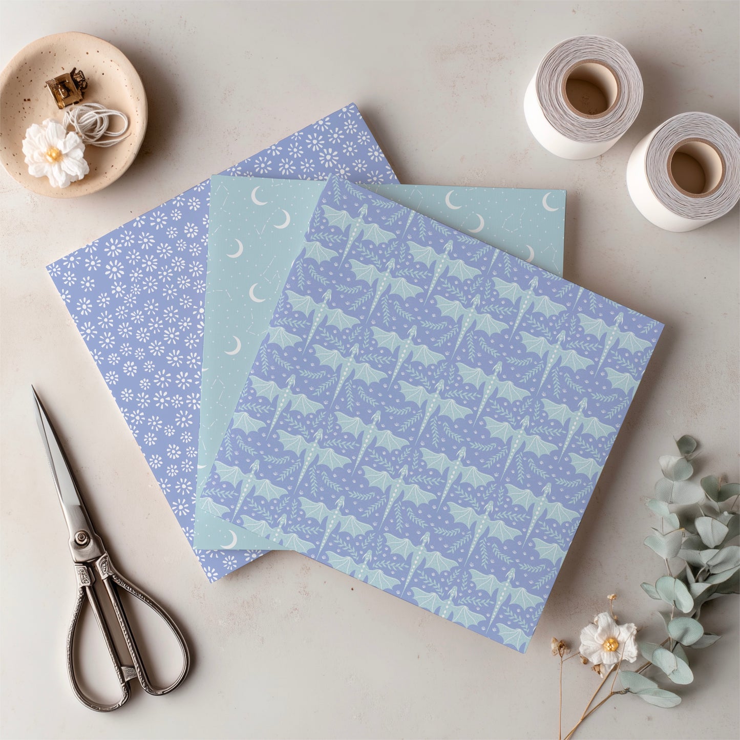 Dragons, Moons & Botanicals Digital Paper Pack | Fantasy Seamless Backgrounds | 12x12 PNG | Collection 1 | Personal & Commercial Use