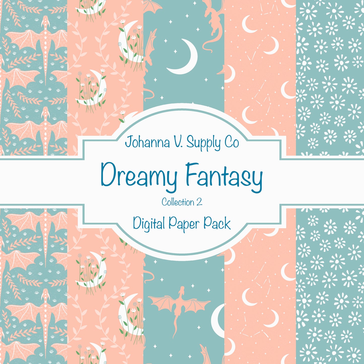 Dragons, Moons & Botanicals Digital Paper Pack | Fantasy Seamless Backgrounds | 12x12 PNG | Collection 2 | Personal & Commercial Use