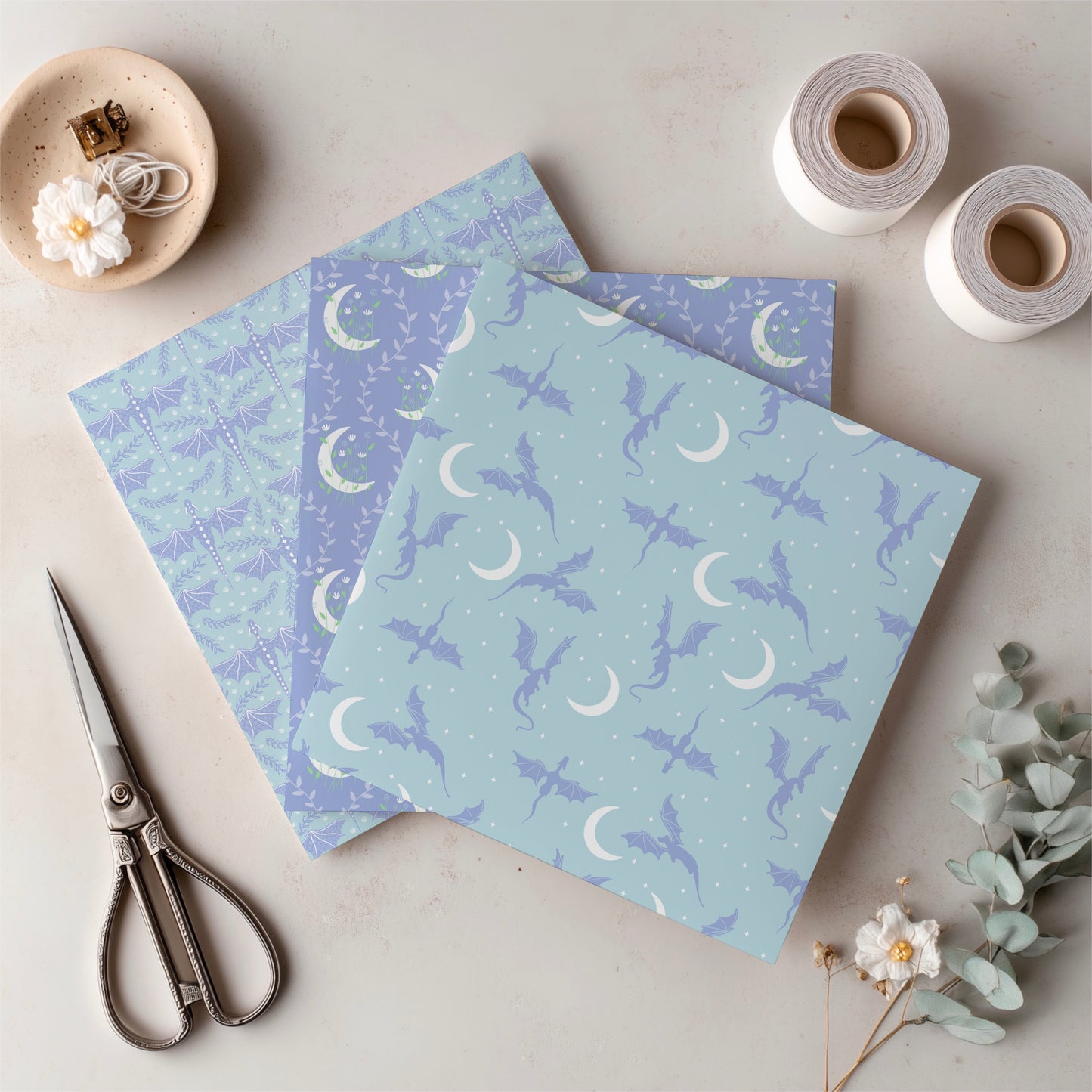 Dragons, Moons & Botanicals Digital Paper Pack | Fantasy Seamless Backgrounds | 12x12 PNG | Collection 5 | Commercial & Personal Use