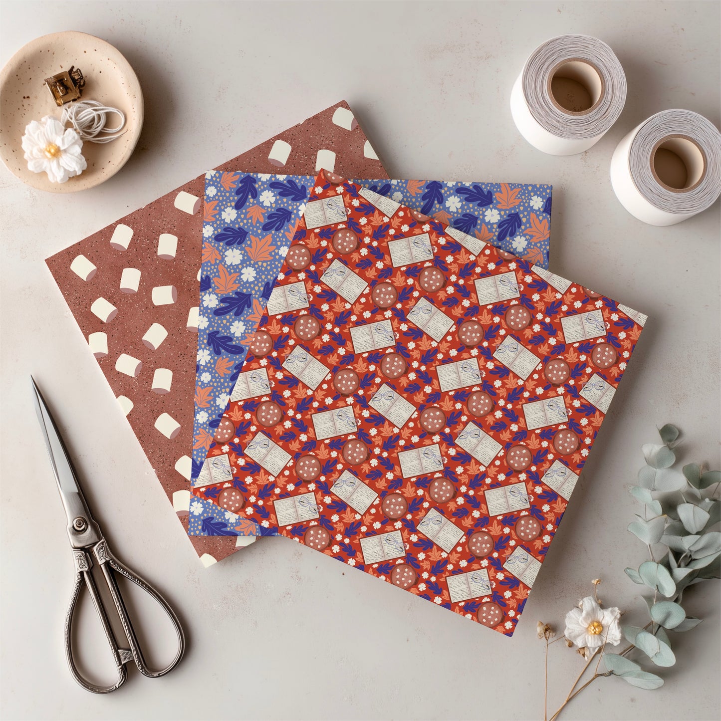 Fall Digital Paper Pack | Hot Cocoa, Books, Plaid & Botanicals | Cozy Autumn Scrapbook Backgrounds | Commercial & Personal Use