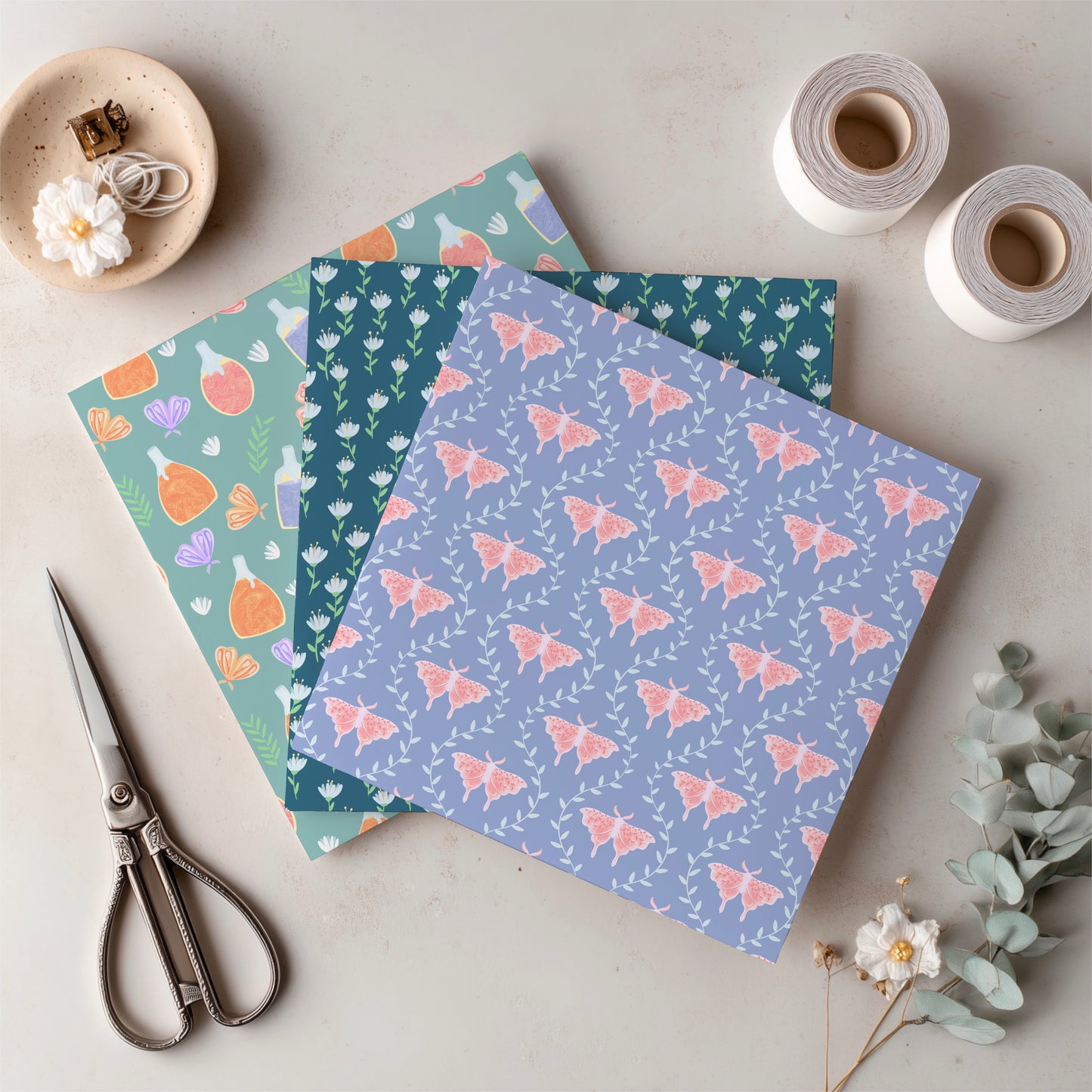 Enchanted Whimsy Digital Paper Pack | Moths, Potions & Botanicals | Magical Scrapbook Backgrounds | Commercial & Personal