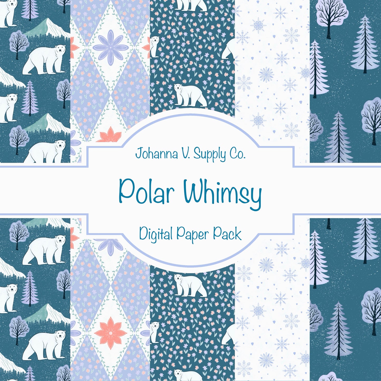 Whimsical Winter Seamless Pattern Bundle Purple | Polar Bears, Mountains, Trees & Florals | Cozy Winter Designs | Commercial & Personal