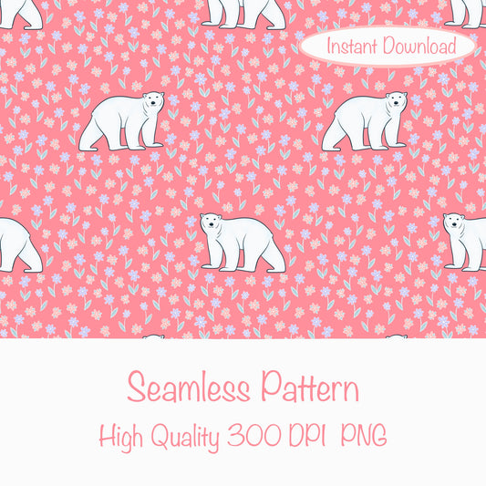 Polar Whimsy Seamless Pattern Pink | Polar Bears & Doodle Flowers | Cozy Winter Digital Design PNG 12x12” 300 DPI