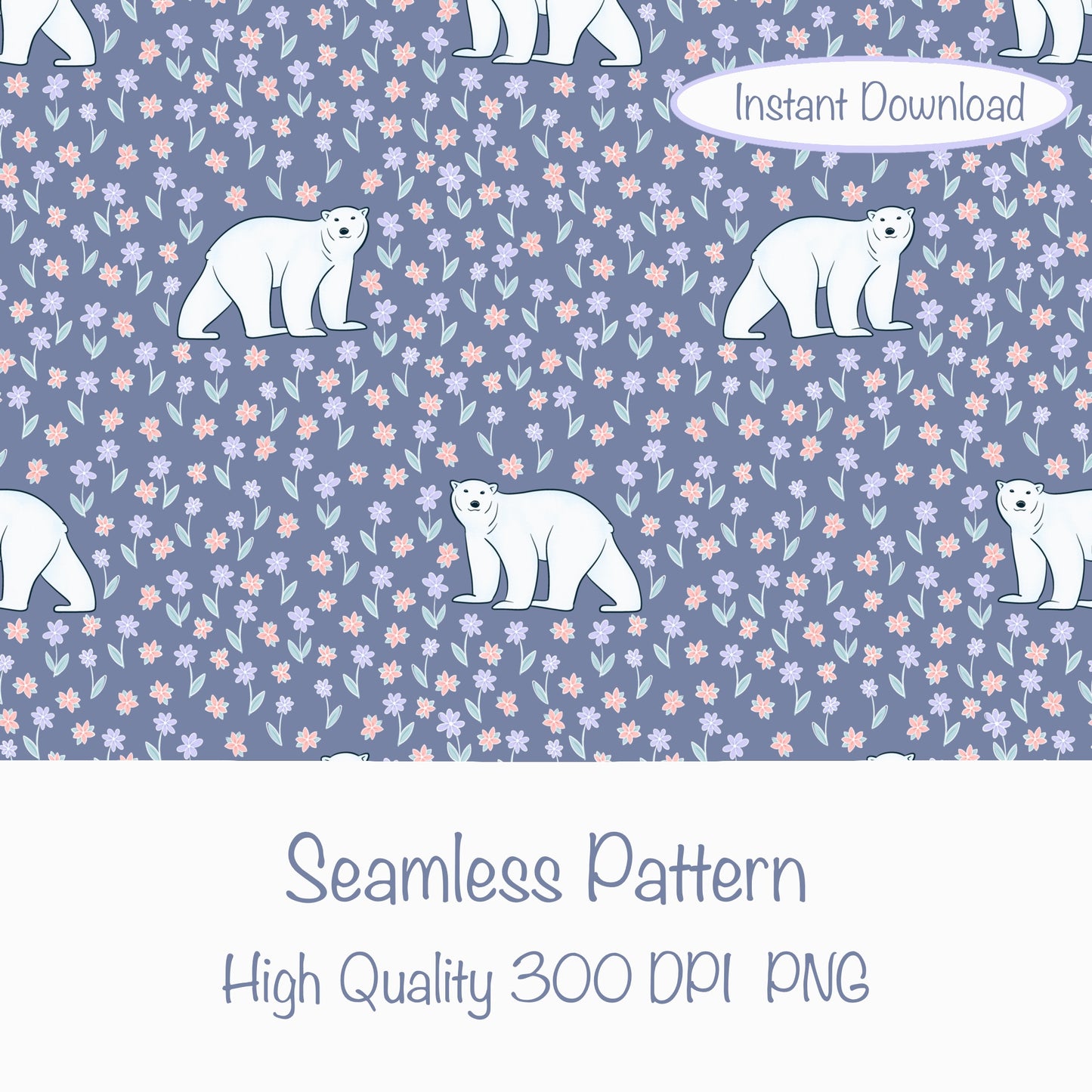 Polar Whimsy Seamless Pattern Purple | Polar Bears & Doodle Flowers | Cozy Winter Digital Design PNG 12x12” 300 DPI