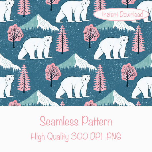 Polar Whimsy Polar Bears, Mountains & Forest Trees Seamless Pattern Pink | Cozy Winter Digital Design PNG 12x12” 300 DPI