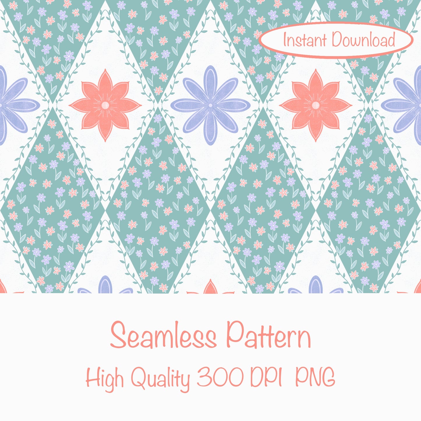 Polar Whimsy Checkered Diamond & Doodle Flowers Seamless Pattern Green | Cozy Winter Digital Design