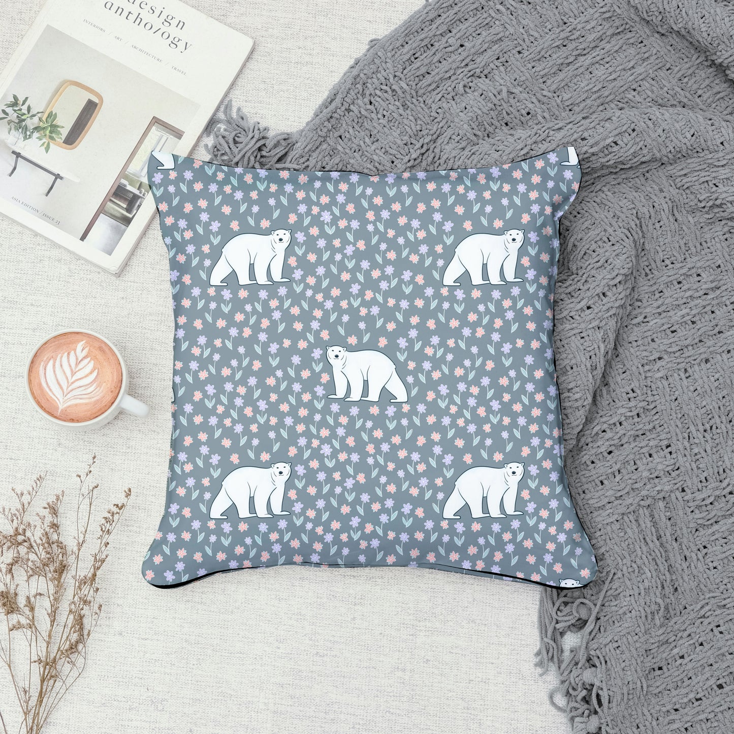 Polar Whimsy Seamless Pattern Grey | Polar Bears & Doodle Flowers | Cozy Winter Digital Design PNG 12x12” 300 DPI