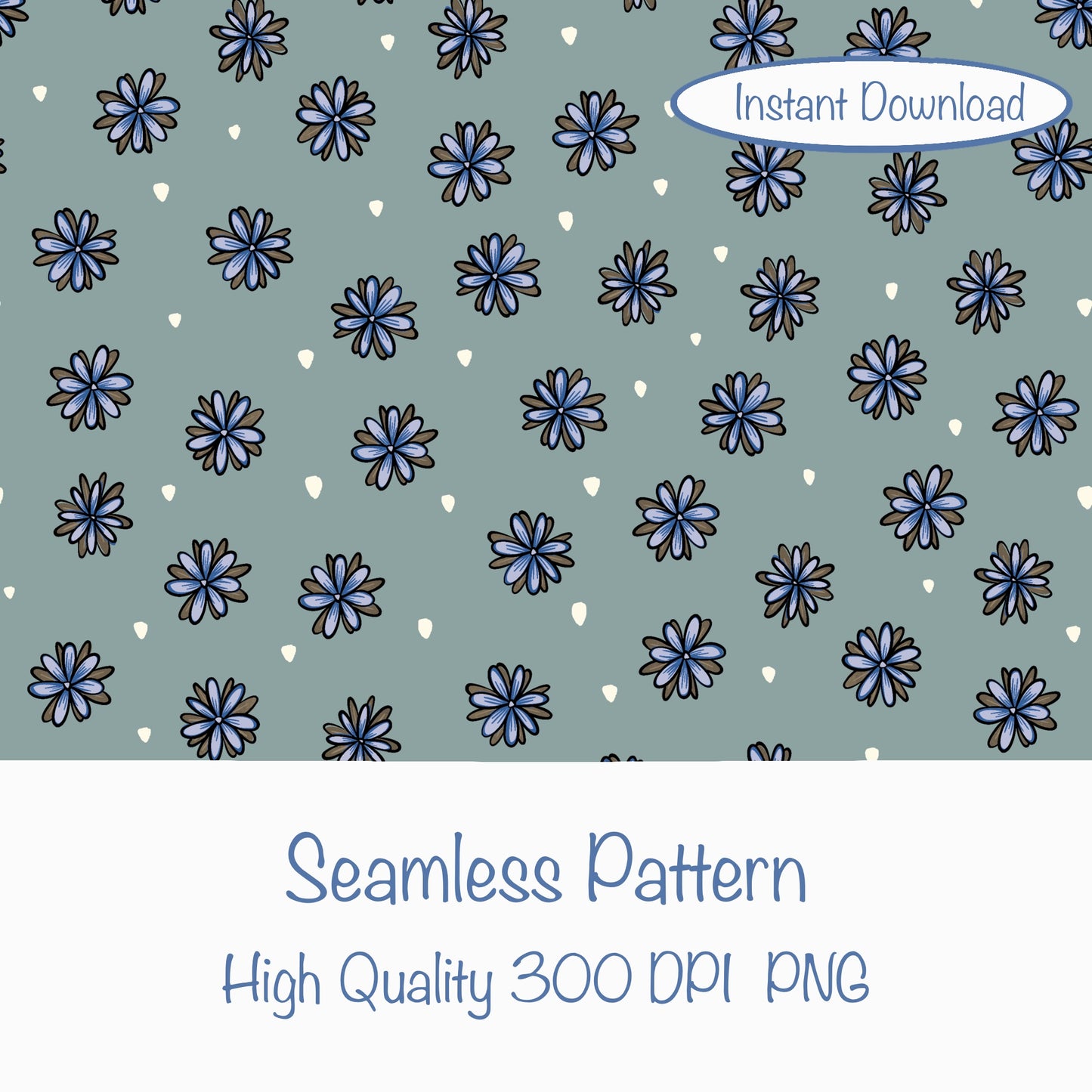 Mystic Witchy Floral Seamless Pattern Green | Doodle Flower Digital Design | 12x12” PNG 300 DPI | Commercial Use Pattern