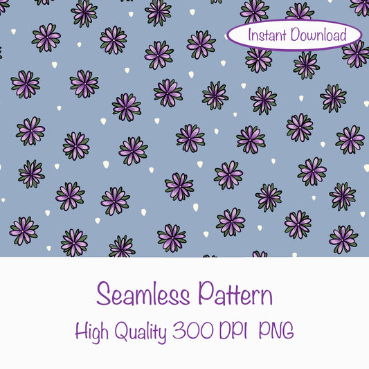 Mystic Witchy Floral Seamless Pattern Blue | Doodle Flower Digital Design | 12x12” PNG 300 DPI | Commercial Use Pattern