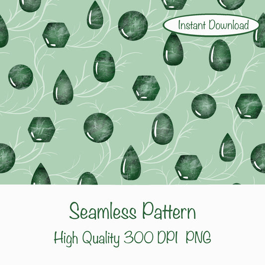 Mystic Witchy Gemstones Seamless Pattern Green | Magical Crystal Digital Design | PNG 12x12” 300 DPI