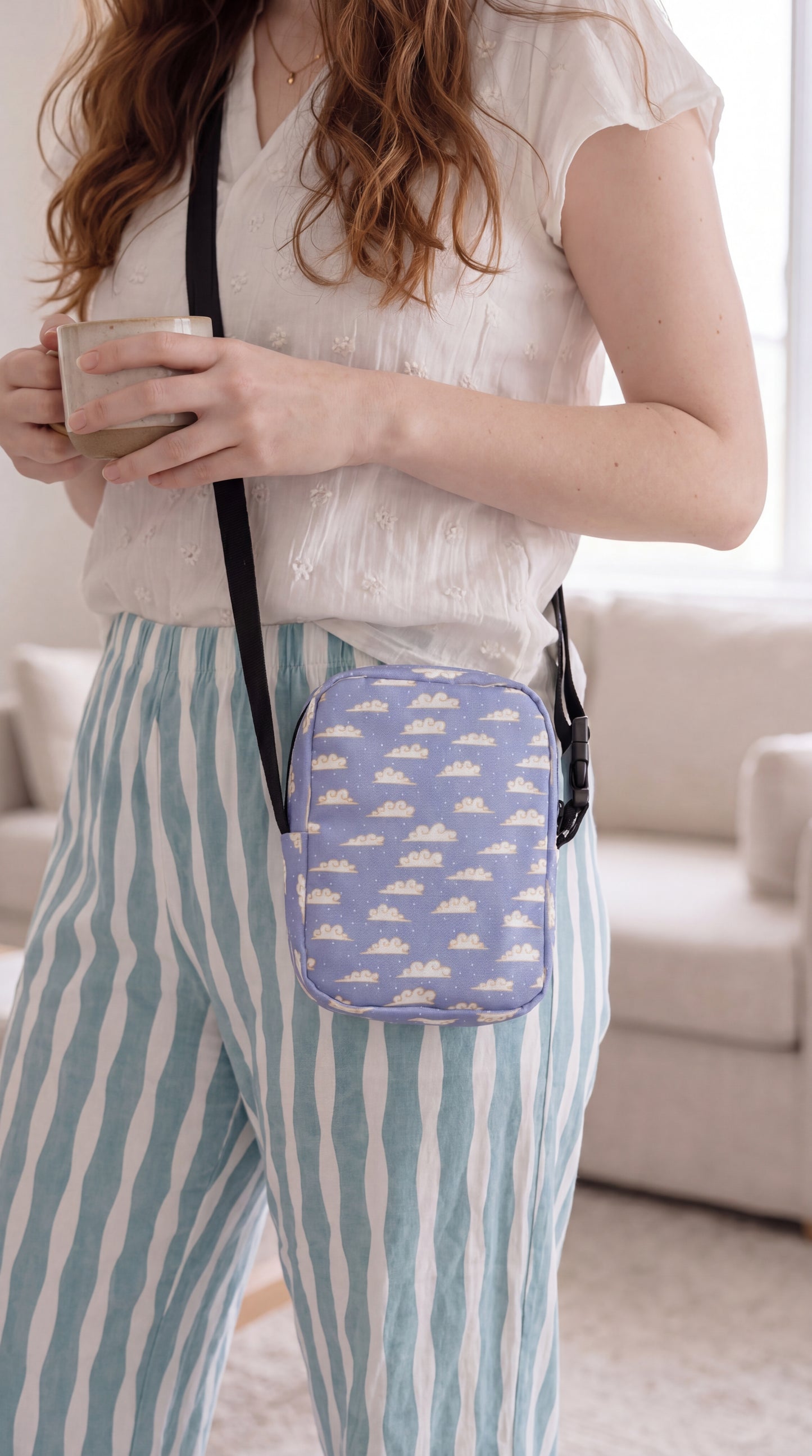 Whispering Clouds Crossbody Bag – Purple Blue Cloud Aesthetic Bag | Dreamy Sky Print Purse | Whimsical Everyday Shoulder Bag