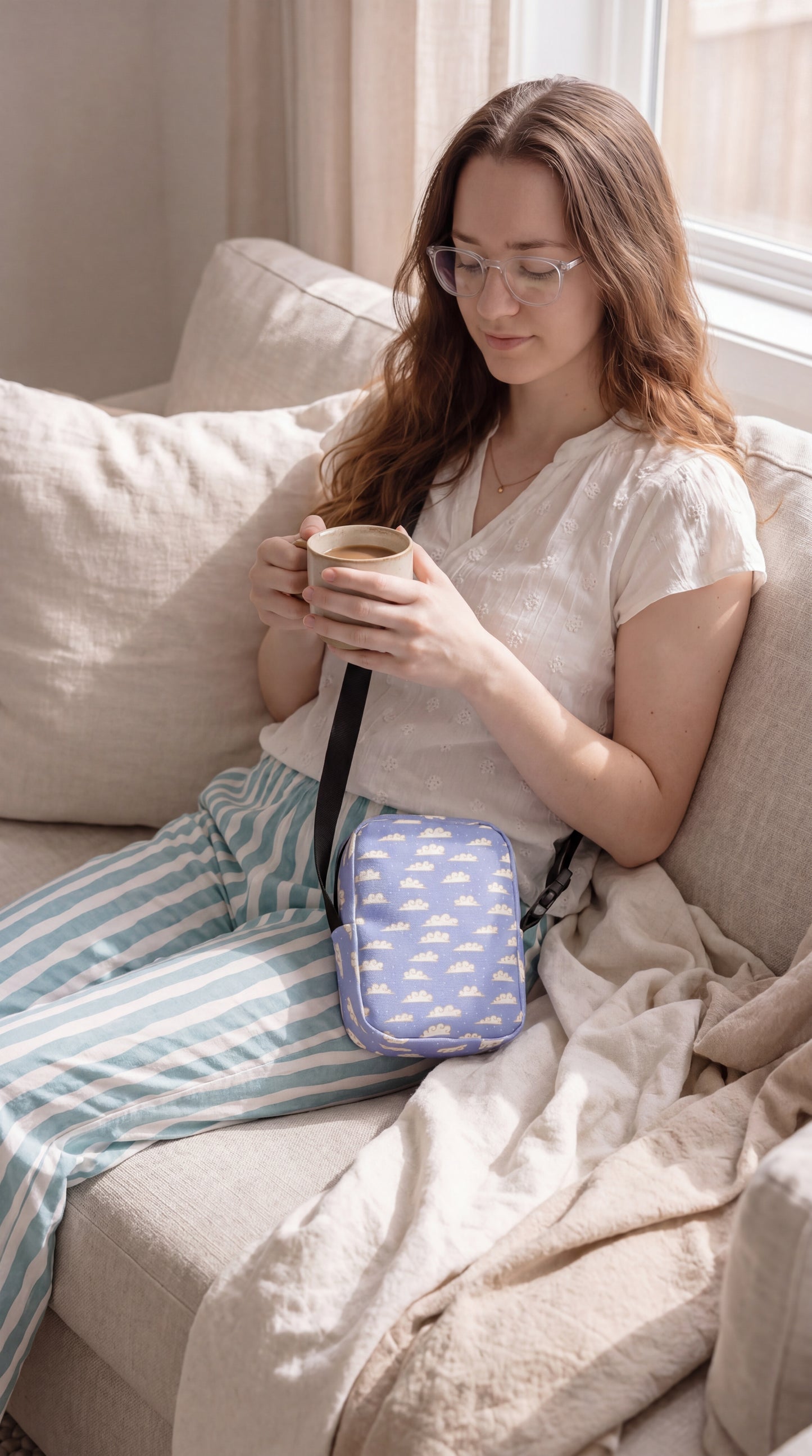 Whispering Clouds Crossbody Bag – Purple Blue Cloud Aesthetic Bag | Dreamy Sky Print Purse | Whimsical Everyday Shoulder Bag