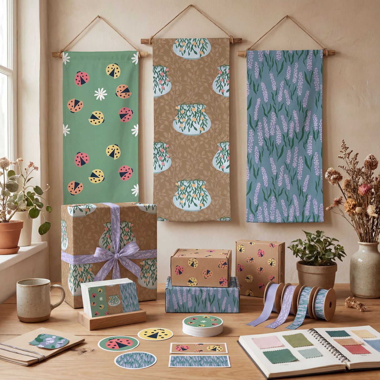 Whimsical Spring Seamless Pattern Bundle | Ladybug, Floral Vase & Lavender Digital Paper Collection | Commercial Use Surface Pattern Set