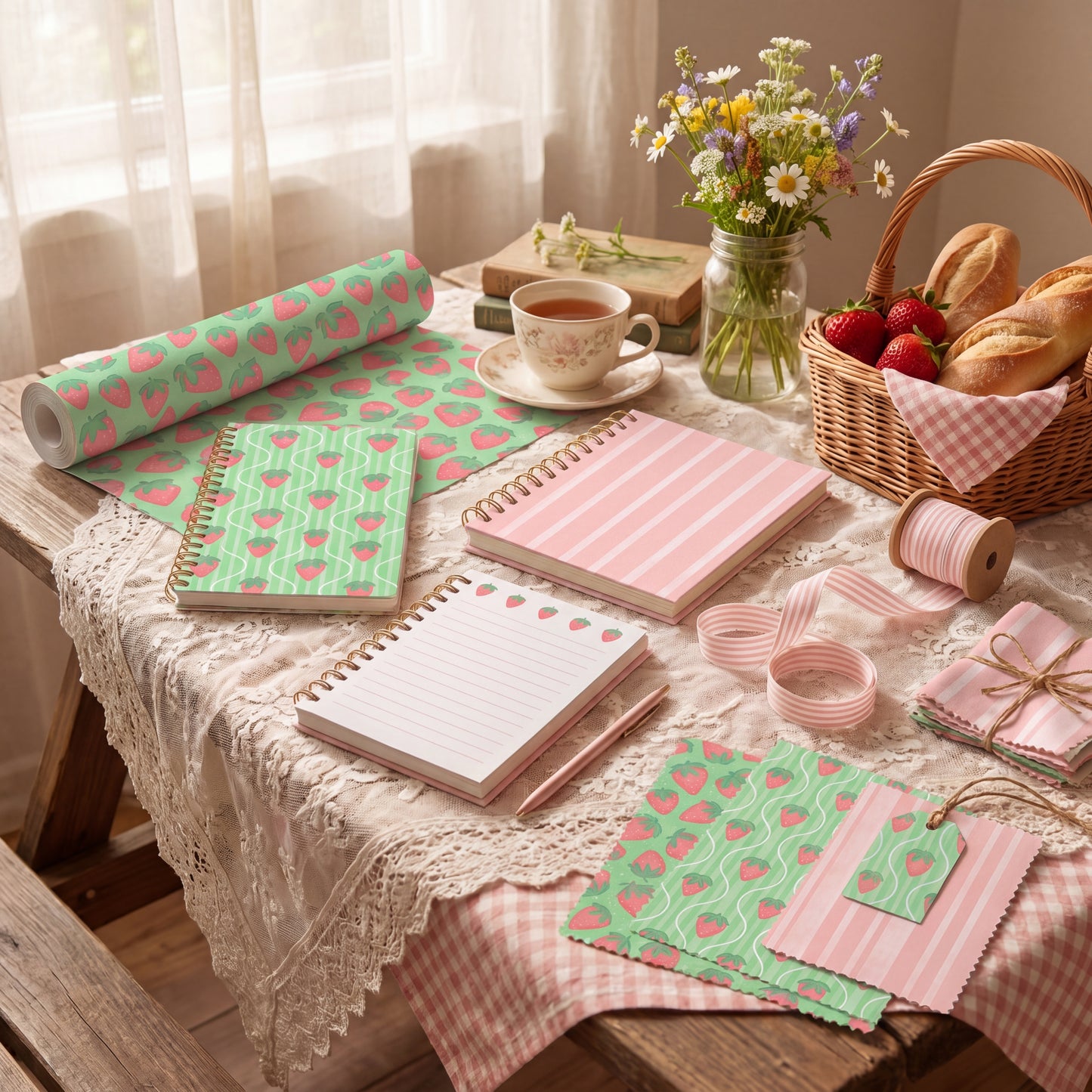 Strawberry Cottage Seamless Pattern Bundle | Pink Strawberry & Vintage Stripe Digital Paper Collection | Retro Surface Pattern Set