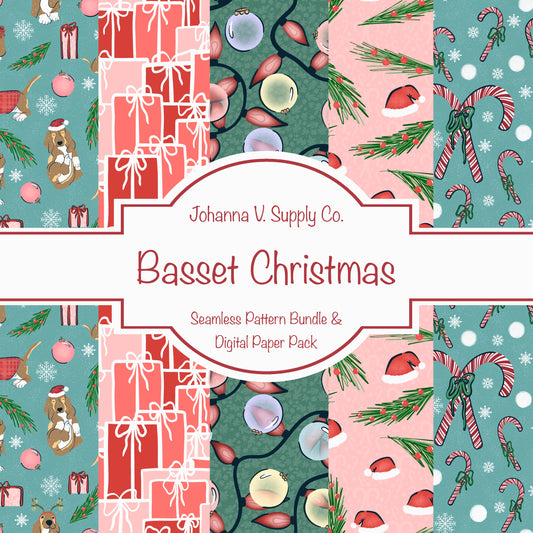 Christmas Basset Hound Seamless Pattern Bundle Blue Green | Ornaments, Lights, Gifts & Candy Canes | 12x12” PNGs | Digital Download | Commercial & Personal