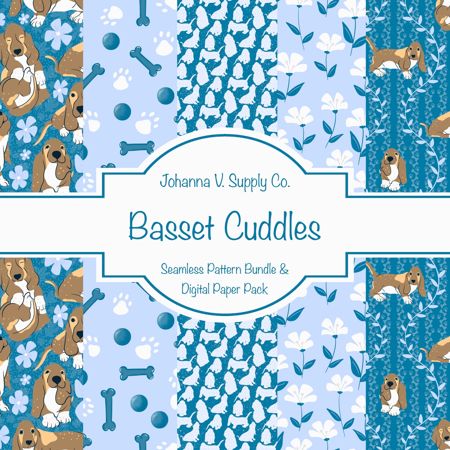 Basset Hound Seamless Pattern Bundle Blue | Florals, Botanicals & Dog Toys | 12x12” PNGs | Digital Download | Commercial & Personal