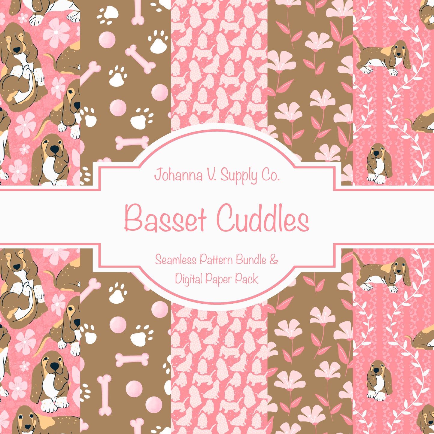 Basset Hound Seamless Pattern Bundle Pink | Florals, Botanicals & Dog Toys | 12x12” PNGs | Digital Download | Commercial & Personal