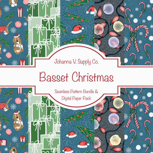 Christmas Basset Hound Seamless Pattern Bundle Blue | Ornaments, Lights, Gifts & Candy Canes | 12x12” PNGs | Digital Download | Commercial & Personal