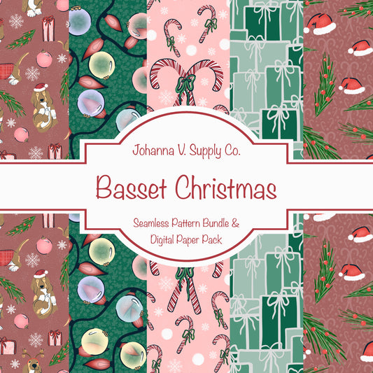 Christmas Basset Hound Seamless Pattern Bundle Mauve | Ornaments, Lights, Gifts & Candy Canes | 12x12” PNGs | Digital Download | Commercial & Personal