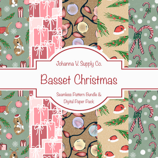 Christmas Basset Hound Seamless Pattern Bundle Green | Ornaments, Lights, Gifts & Candy Canes | 12x12” PNGs | Digital Download | Commercial & Personal