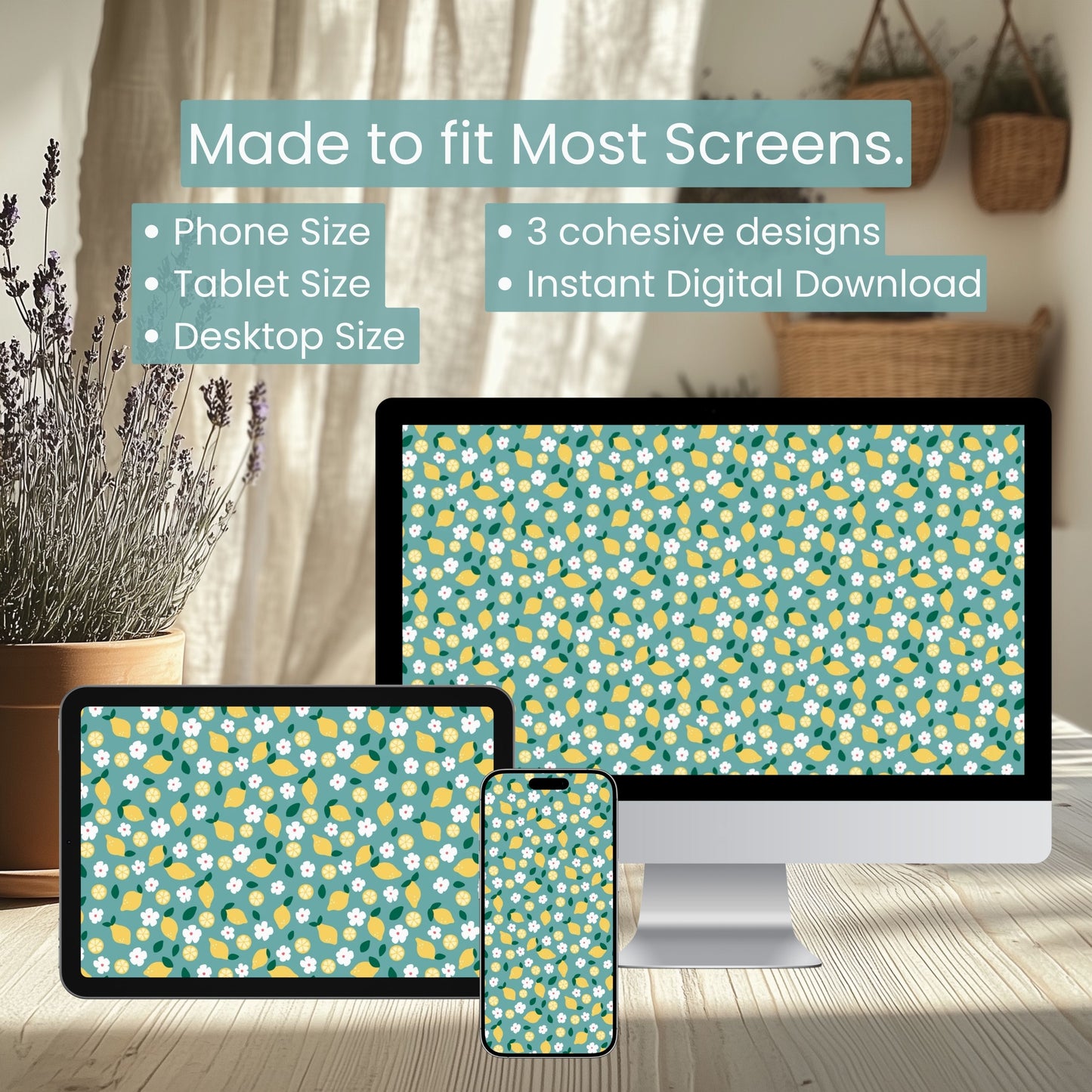 Lemon Blossom Digital Wallpaper Set | Fresh Citrus Aesthetic Phone, Tablet & Desktop Background | Cute Summer Lemon Pattern