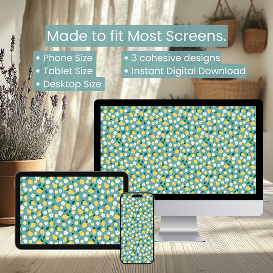 Lemon Blossom Digital Wallpaper Set | Fresh Citrus Aesthetic Phone, Tablet & Desktop Background | Cute Summer Lemon Pattern