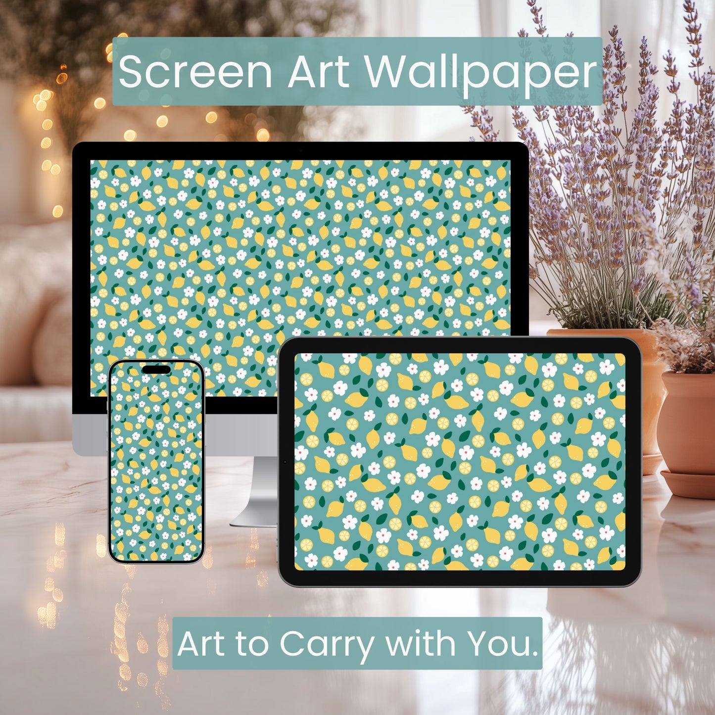 Lemon Blossom Digital Wallpaper Set | Fresh Citrus Aesthetic Phone, Tablet & Desktop Background | Cute Summer Lemon Pattern