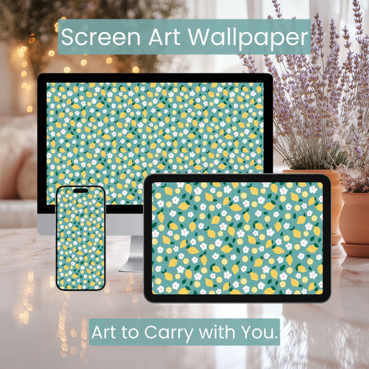 Lemon Blossom Digital Wallpaper Set | Fresh Citrus Aesthetic Phone, Tablet & Desktop Background | Cute Summer Lemon Pattern