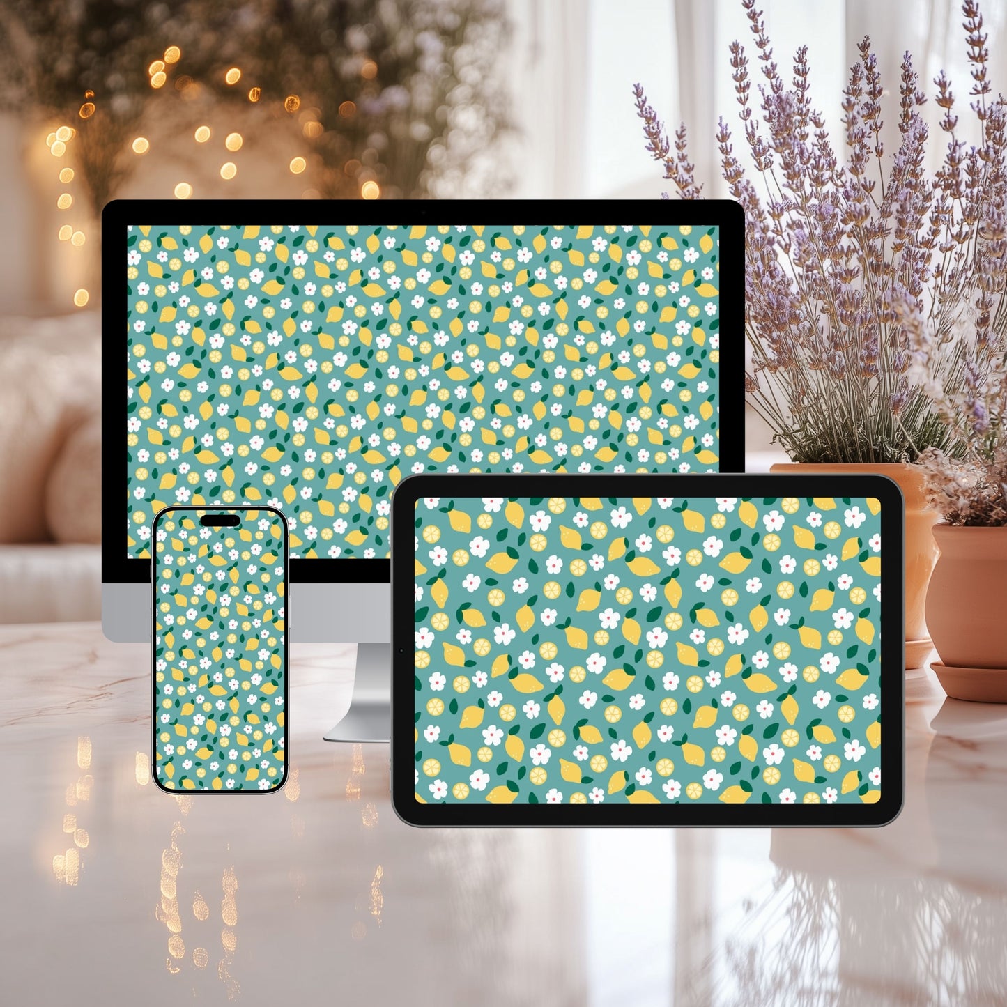 Lemon Blossom Digital Wallpaper Set | Fresh Citrus Aesthetic Phone, Tablet & Desktop Background | Cute Summer Lemon Pattern
