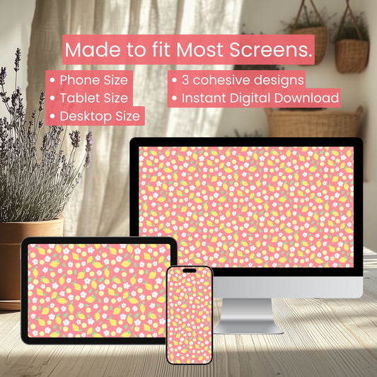 Pink Lemon Wallpaper Set | Cute Citrus Floral Phone, Tablet & Desktop Background | Strawberry Lemonade Aesthetic Digital Download