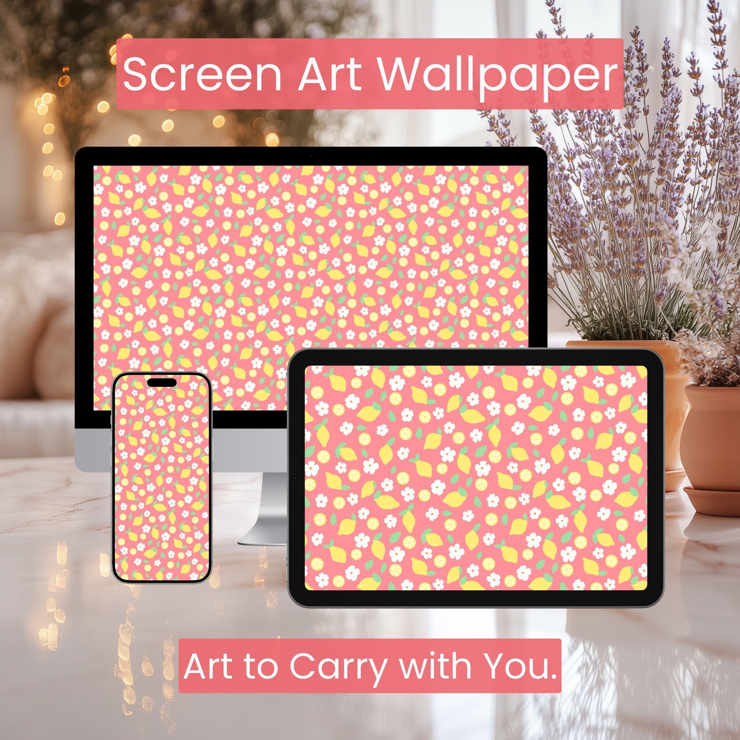 Pink Lemon Wallpaper Set | Cute Citrus Floral Phone, Tablet & Desktop Background | Strawberry Lemonade Aesthetic Digital Download