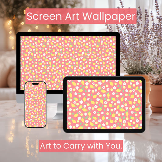 Pink Lemon Wallpaper Set | Cute Citrus Floral Phone, Tablet & Desktop Background | Strawberry Lemonade Aesthetic Digital Download