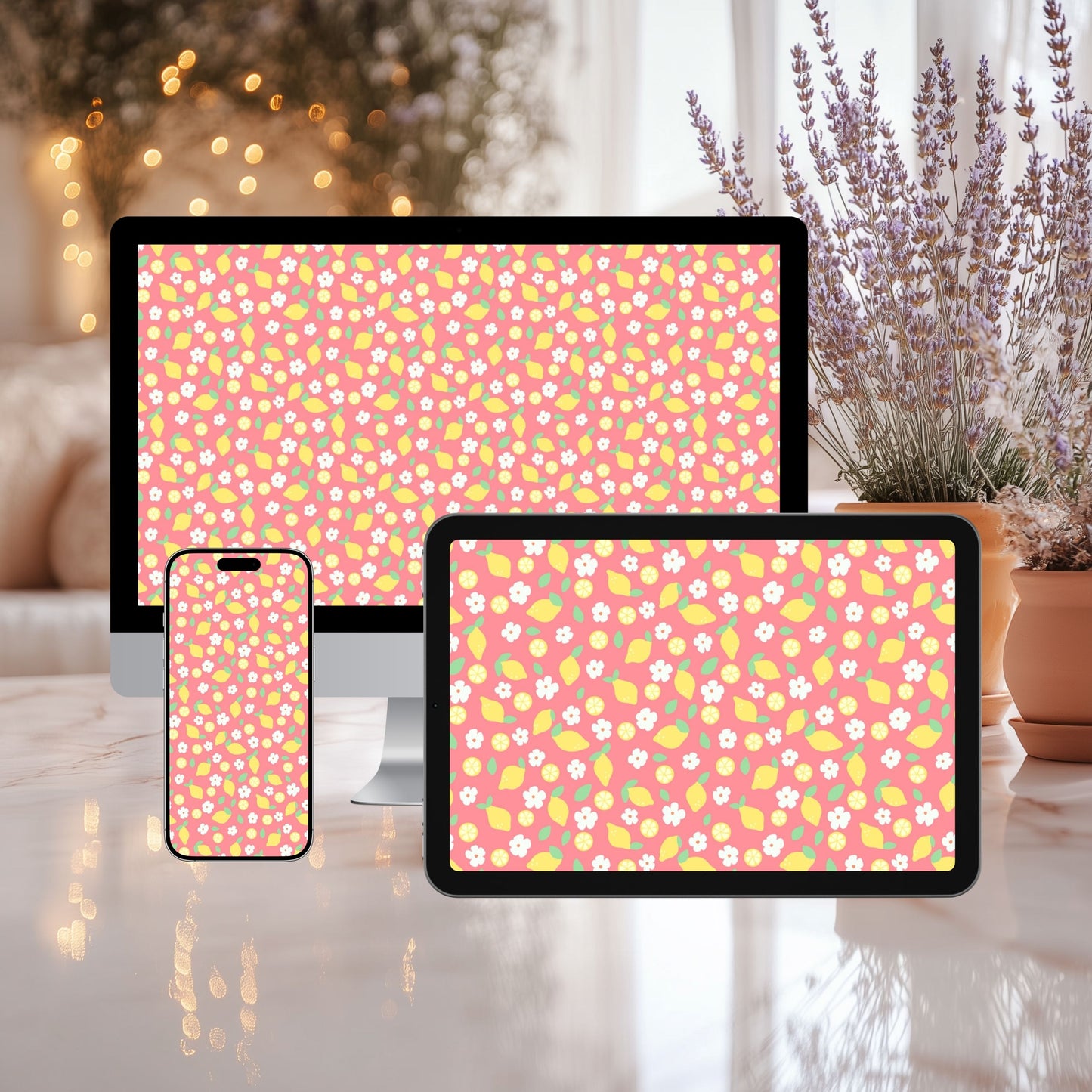 Pink Lemon Wallpaper Set | Cute Citrus Floral Phone, Tablet & Desktop Background | Strawberry Lemonade Aesthetic Digital Download
