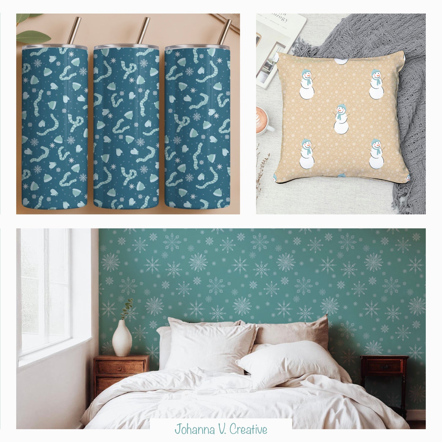 Cozy Winter Seamless Pattern Bundle Blue Green | S’mores, Snowmen, Mittens & Marshmallows | 12x12 PNG | Digital Download | Commercial & Personal