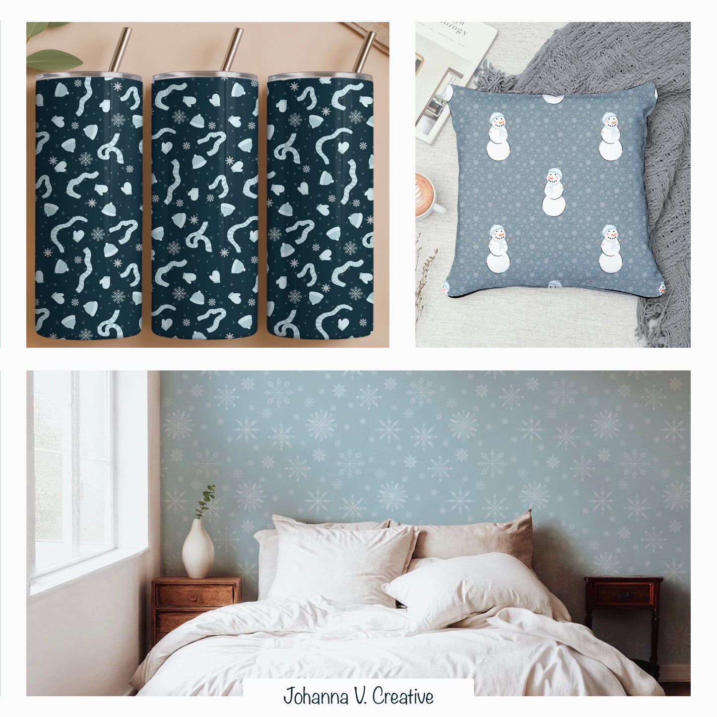 Cozy Winter Seamless Pattern Bundle Blue | S’mores, Snowmen, Mittens & Marshmallows | 12x12 PNG | Digital Download | Commercial & Personal