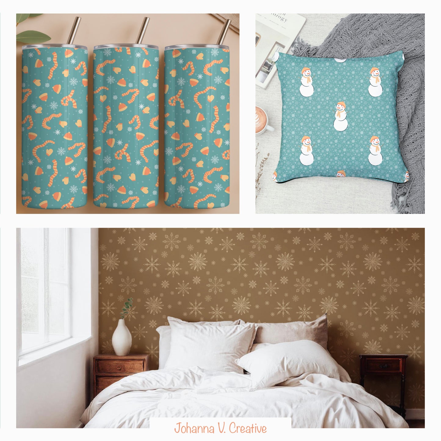 Cozy Winter Seamless Pattern Bundle Orange | S’mores, Snowmen, Mittens & Marshmallows | 12x12 PNG | Digital Download | Commercial & Personal