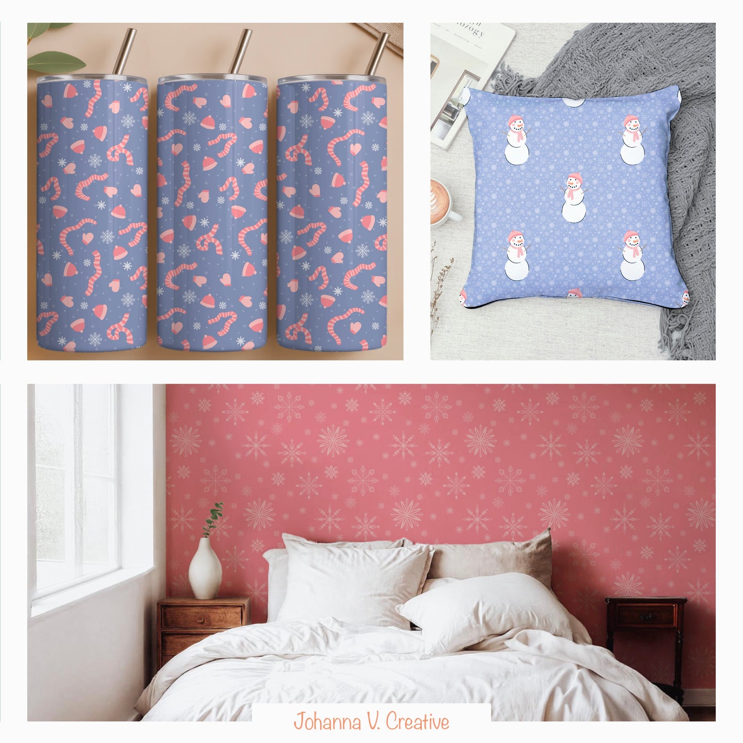 Cozy Winter Seamless Pattern Bundle Pink | S’mores, Snowmen, Mittens & Marshmallows | 12x12 PNG | Digital Download | Commercial & Personal