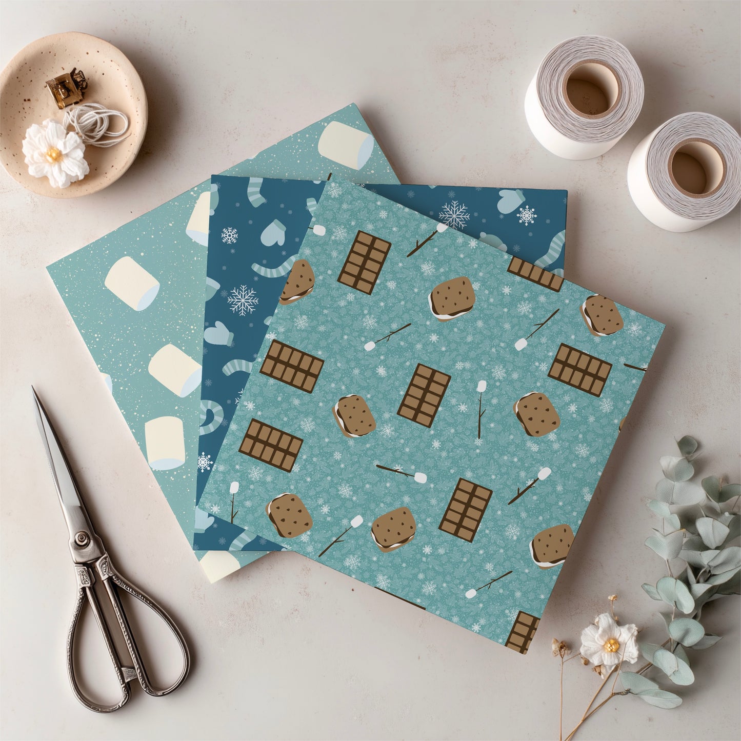 Cozy Winter Seamless Pattern Bundle Blue Green | S’mores, Snowmen, Mittens & Marshmallows | 12x12 PNG | Digital Download | Commercial & Personal