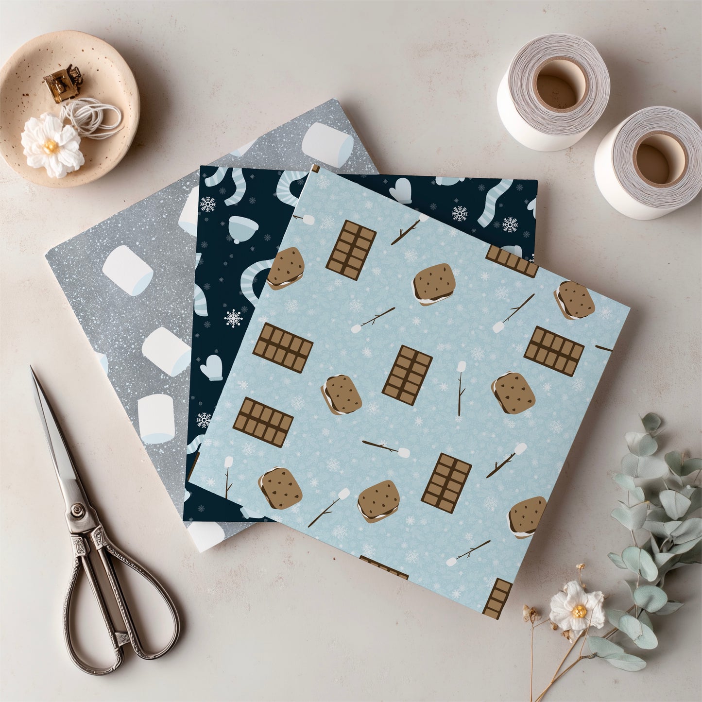 Cozy Winter Seamless Pattern Bundle Blue | S’mores, Snowmen, Mittens & Marshmallows | 12x12 PNG | Digital Download | Commercial & Personal