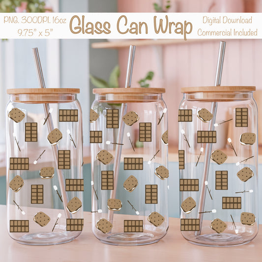 S’mores Glass Can Wrap PNG | Campfire Treat Cup Design | Cozy Sweet Sublimation Wrap 12.75x6.5