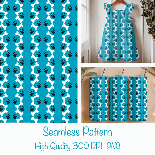 Paws & Bones Seamless Pattern – Playful Pet Print in Bold Blue | Commercial Use Surface Design